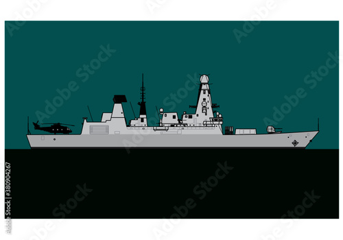 HMS Daring. Modern warship. Royal navy type 45 daring class guided missile destroyer. Vector image for illustrations and infographics.
