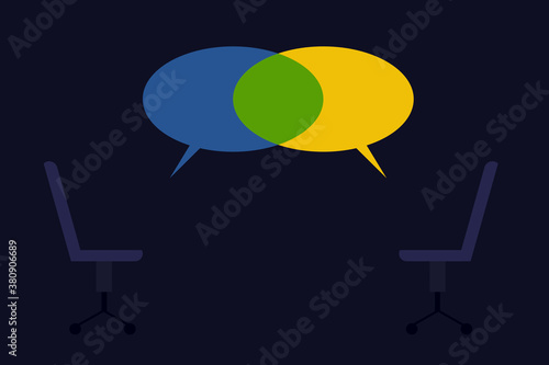 Overlapping speech bubbles and empty chairs in a dark background to symbolise consensus out of a negotiation