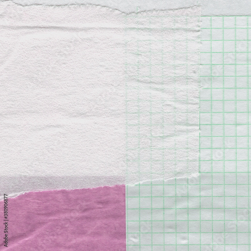 Colorful torn paper collage close-up. Texture made from various paper and cardboard parts. Damaged old paper background. Vintage blank wallpaper. Material design backdrop.