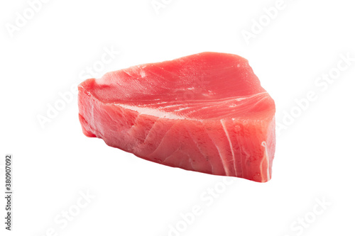 Yellow fin tuna steak isolated on white background. Fresh rare tuna steak isolated on white. Raw yellowfin tuna fillet texture. Background fresh tuna meat. Top view of slices of tuna meat.