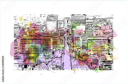 Building view with landmark of Baton Rouge is the capital of the U.S. state of Louisiana. Watercolor splash with hand drawn sketch illustration in vector.