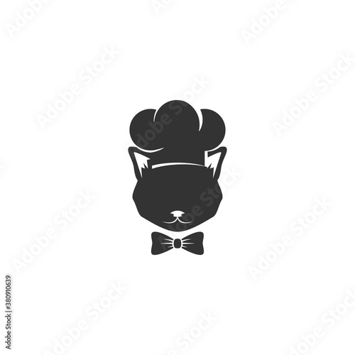 Black cat's head with chef cook cap and bow tie isolated on white. Cooking cap.