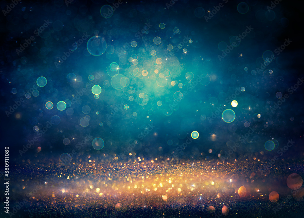 Abstract Xmas Background - Golden And Blue Glitter With Defocused Lights - Vintage Toned - obrazy, fototapety, plakaty 