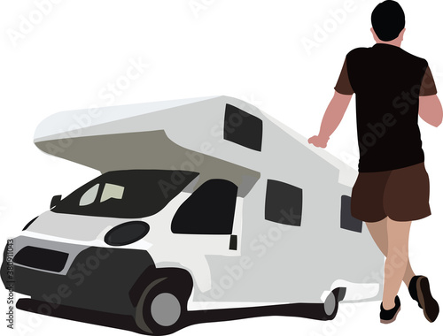 person leaning on the windshield of the caravan while traveling