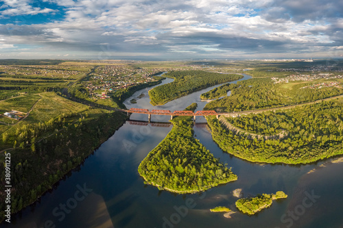 Bridge over the Irkut River on the Trans-Siberian Railway. Aerial view
