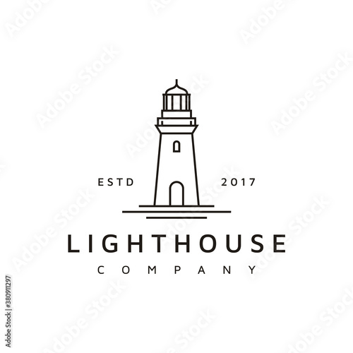 Simple Line Art Lighthouse Searchlight Beacon Tower Island Beach Coast logo design