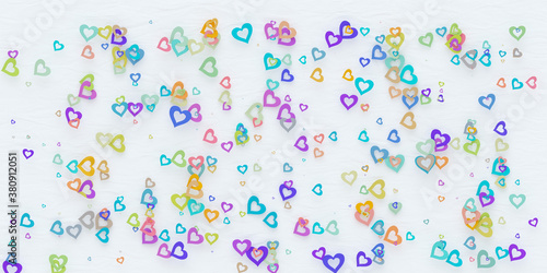 Colorful paper heart scattered on white background.