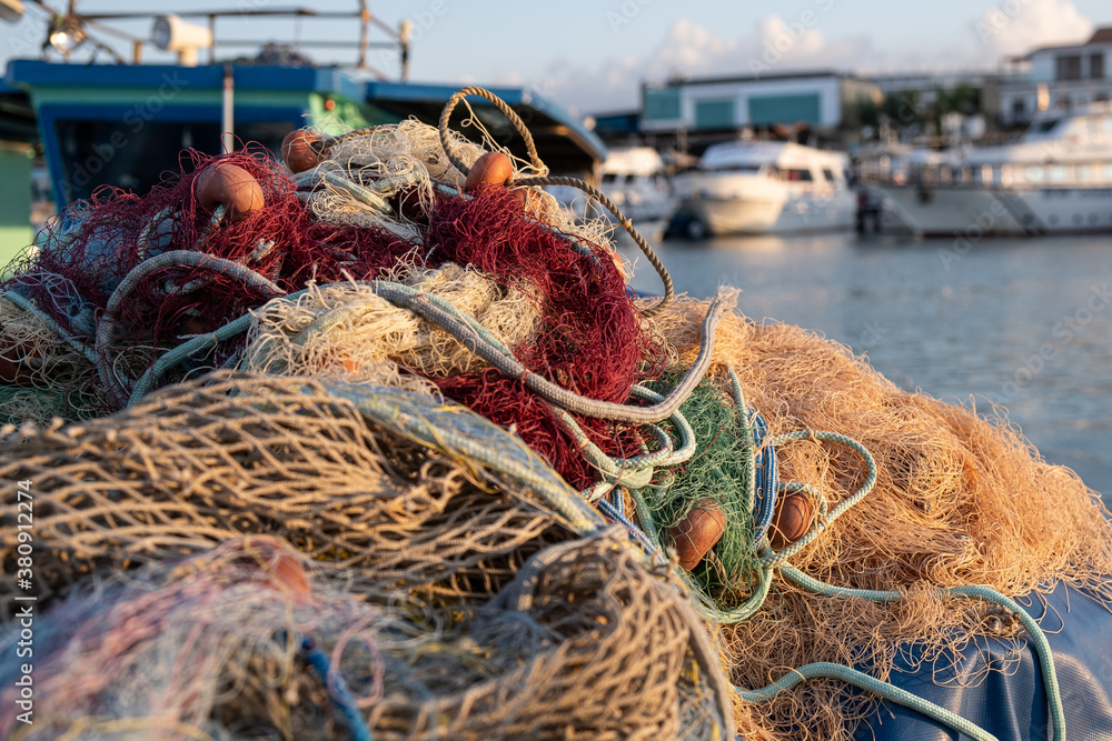 Fishing nets ropes and floats. Fishnet on a basket