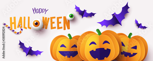 Happy Halloween greeting banner, card or party invitation with Holiday calligraphy, cutest pumpkins and bats on white background. Design template for advertising, web, social media. Paper cut style