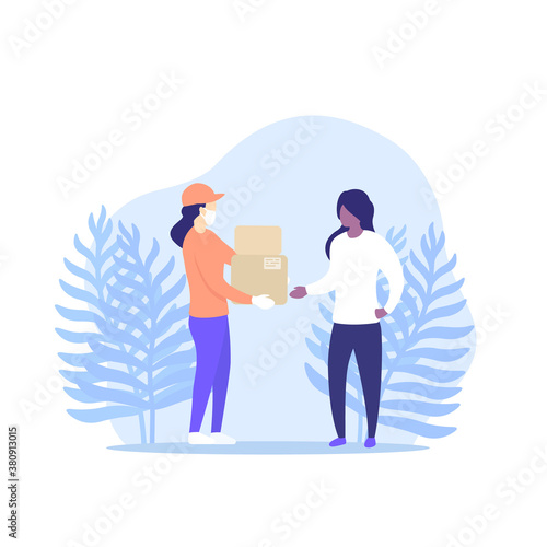 delivery, girl courier in mask holding boxes