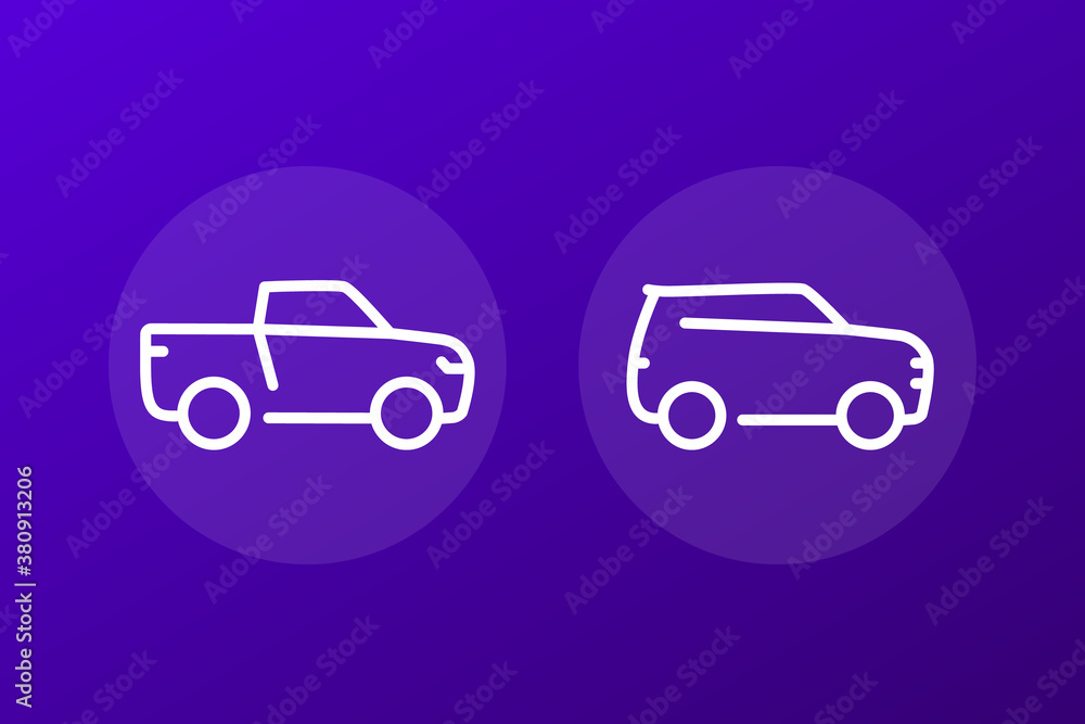 pickup truck, suv line icons