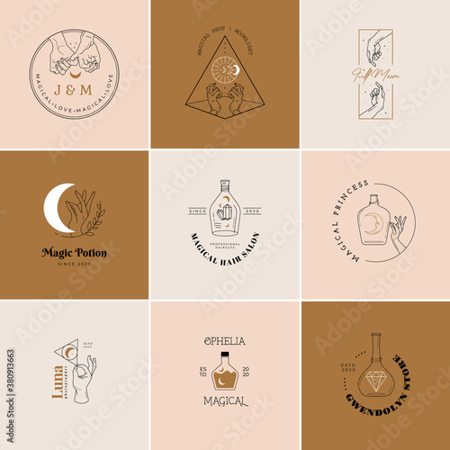 Vector abstract logo design template in trendy linear minimal style - sun, moon and stars - abstract symbol for cosmetics and packaging, jewellery, hand crafted or beauty products