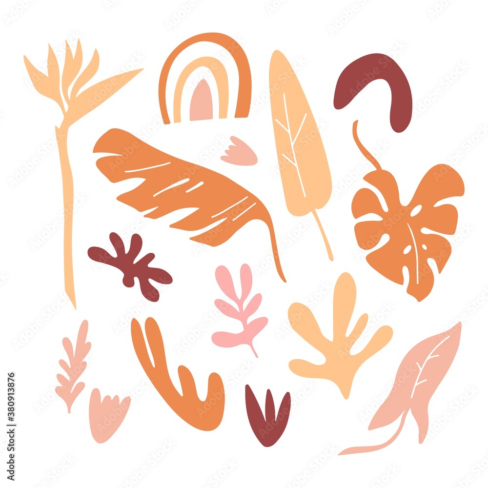 Set with branches  of  leaves, shapes, flowers isolated on white background. Silhouette vector illustration. Design for  pattern, banner, card, logo