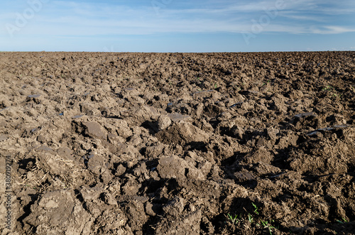 Plowed field in the autumn time with blue sky