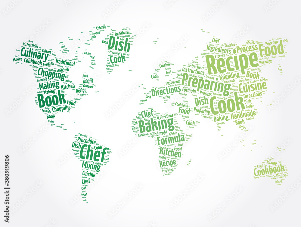 Recipe word cloud in shape of world map, concept background