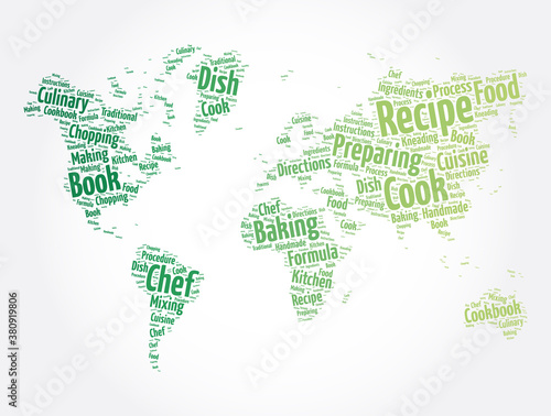 Recipe word cloud in shape of world map, concept background