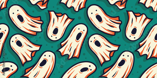 Colored seamless pattern wallpaper with scary horrible ghost, spirit and soul for halloween holiday design. October party banner, poster or postcard