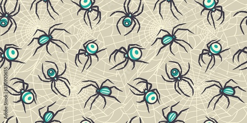 Colored seamless pattern wallpaper with spider for halloween october party. Design of banner, poster or postcard