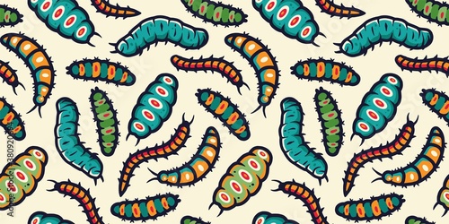 Colored seamless pattern wallpaper with illustrations of caterpillar and maggots worms for halloween design. Scary insect larvae. October party banner, poster or postcard