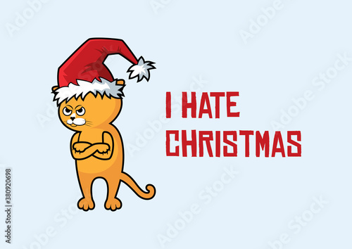Grumpy cat with Christmas hat vector. Funny angry Christmas cat cartoon character. I Hate Christmas greeting card with a cat in a Santa hat. Red cat with arms crossed vector