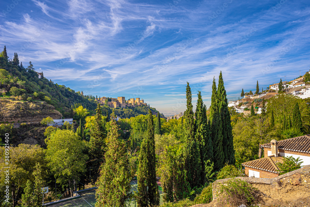 Granada, Spain. 10-18-2020. Panoramic view from the Valparaíso hill, located east of Granada. In the distance, on the left, the buildings of the Alhambra. On the right the  Albaícin neighborhood.
