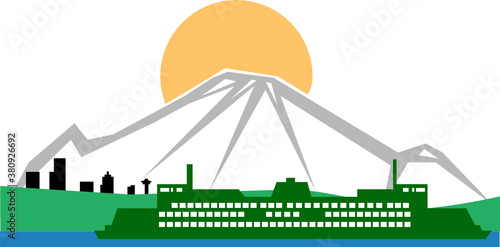 Illustration vector with a Washington State ferry, mount Rainier and Seattle.