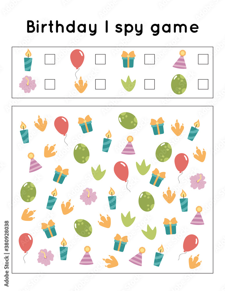 Birthday I spy game. Search and count items. Activity printable