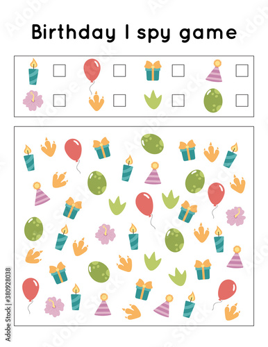 Birthday I spy game. Search and count items. Activity printable worksheet for preschool kids. Dinosaur theme.