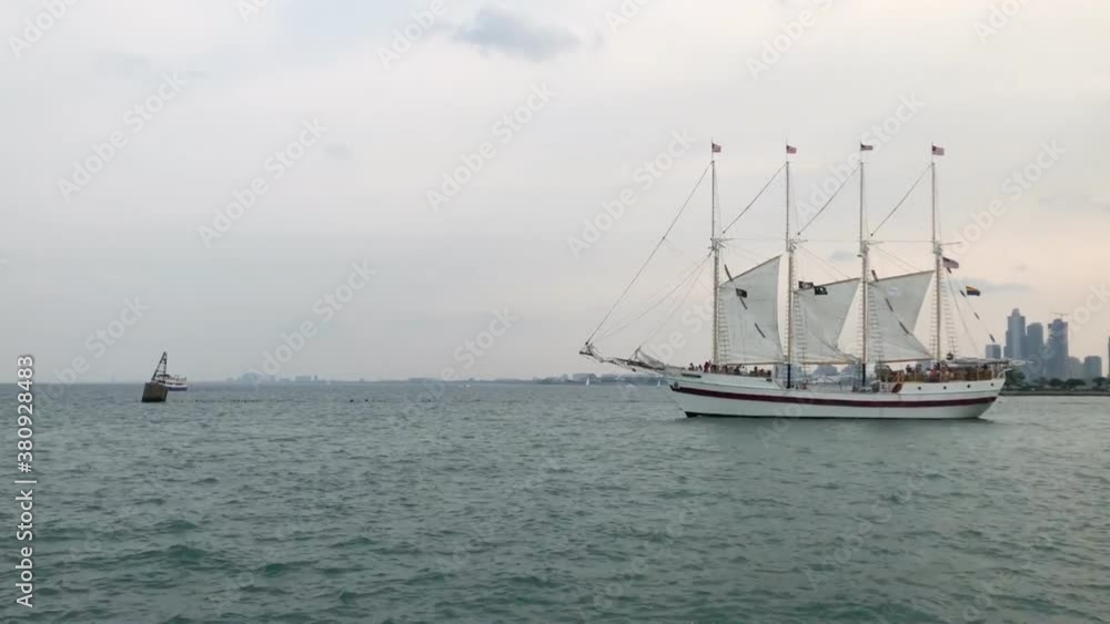 Sailing ship in Lake Michigan with Chicago in background Sailing ship in Lake Michigan with Chicago in background