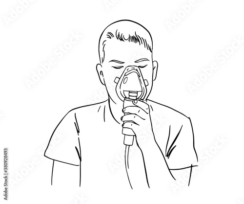 The boy breathes with a nebulizer inhalation. Treatment with an inhaler. Boy making inhalation with nebulizer at home. Black and white vector drawing.