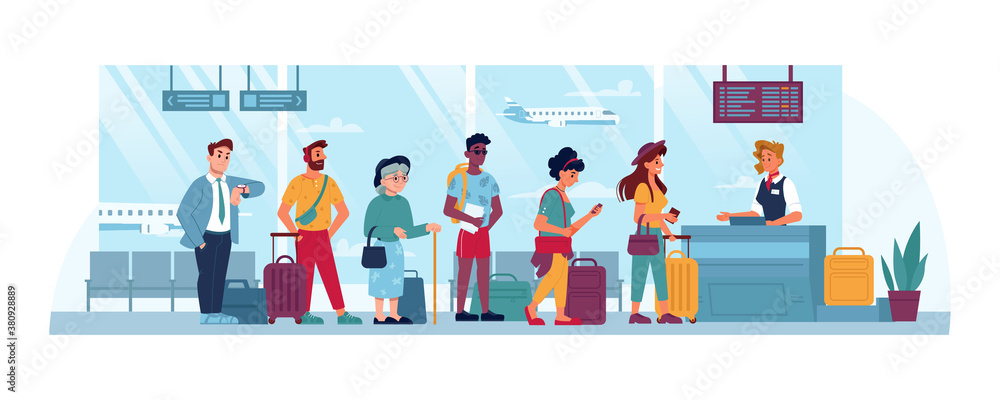 Airport queue to counter check, people with tickets in line, vector flat. Airport queue to flight boarding, people holding passports for registration and luggage bags, men and old woman travelers Airport queue to counter check, people with tickets in line, vector flat. Airport queue to flight boarding, people holding passports for registration and luggage bags, men and old woman travelers