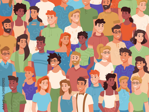 Group of people of different nationalities, crowd of diverse characters. Vector multiethnic society, multicultural youth diversity. Men and women standing in queue, multiracial audience smiling public