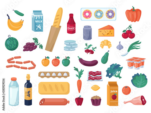 Set of vegetables and fruits, dairy and meat products isolated. Vector pepper, broccoli and eggplant, tomato. Banana and grapes. Donuts and bread loaf. Cheese and milk, eggs, sausage. Grocery shopping