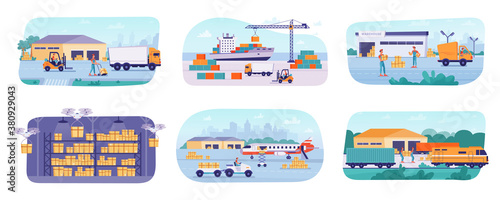 Delivery logistics process, warehouse storage and parcels shipping, vector flat set. Warehouse parcels and containers unloading and loading, courier delivery shipment by airplane and railway transport