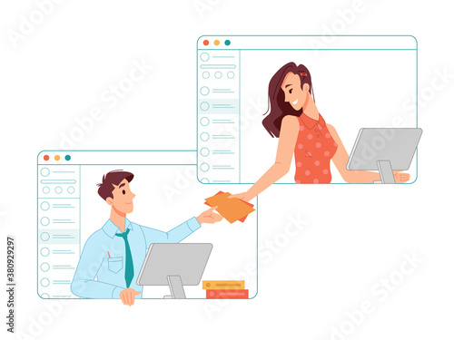 Employees working from home using laptops during quarantine lockdown. Freelancers keep in touch, communication via online video call application. Distant work and teleconference, colleagues vector