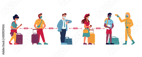 Temperature check, social distance queue of people at airport line, vector flat. People with travel bags in queue for temperature check or health scan control at entrance with infrared thermometer