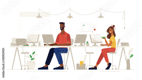 Office social distance, work and workplace safety, vector flat. Colleagues people sitting through one, coronavirus covid corporate social distance and health safety, virus new normal reality rules