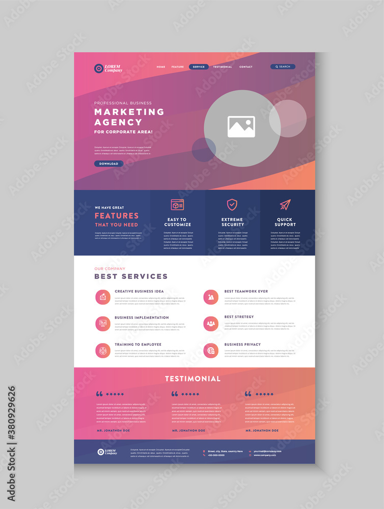 Fototapeta premium Business Website Landing Page | App Landing Page | Web User Interface Design | Web Wire-frame Template