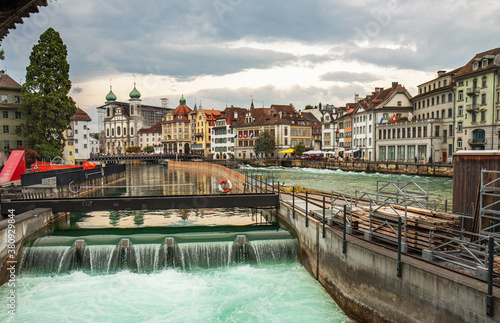 Lucerne, Switzerland: weir for managing the Reuss river in the historical centre. 