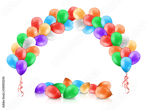 Balloons frame, arch or garland, multicolor balloons on floor isolated on white. Vector color decorative arc, objects to decorate ceremonies, birthday parties or celebrations, Valentines day holiday