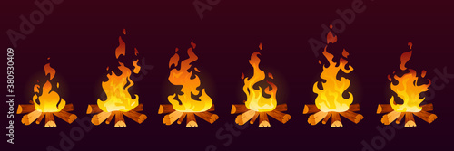 Animation of fire burn in 2d effect, cartoon vector background. Fire flames on wood or campfire and bonfire or fireplace icons in motion with smoke and heat, animation trap frame or storyboard