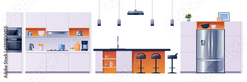 Kitchen interior fittings and appliances, vector cartoon set, background. Modern home kitchen furniture elements, stove, cupboard and oven, table and refrigerator, microwave, utensils and kitchenware