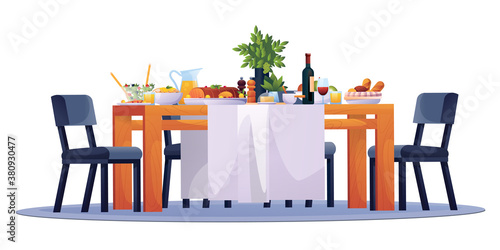 Table laid, festive dinner food dishes, drinks and chairs, vector. Family dining room or kitchen and restaurant laid table with party celebration lunch, breakfast or brunch meals, salads and wine