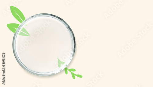 Empty transparent petri dish and green hand drawn plant leaves, top view. Horizontal vector illustration. Concept organic natural beauty product. Science and laboratory