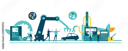 People manufacturing cars, people work next to manufacturing belt, conveyer. Assembling and developing new product. New start up, new business. 
