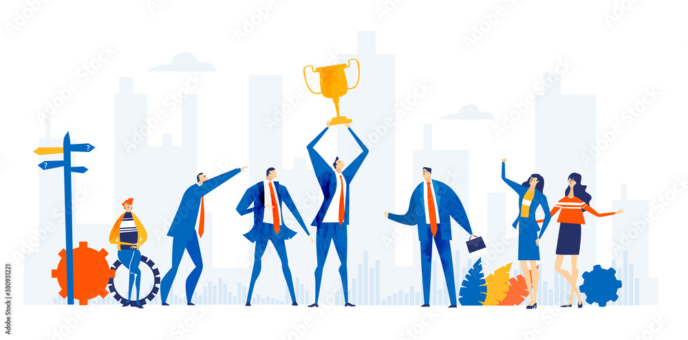 Obraz premium Businessman holds up golden trophy. Symbol of success and achievement