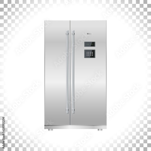 Fridge or Freezer refrigerator icon. Two doors. Silver double door fridge. Digital display and keypad panel. Household tech and appliances. Vector illustration.