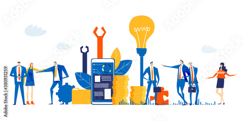 Business people developing application for mobile devices. Manufacturing money. Time is money concept
