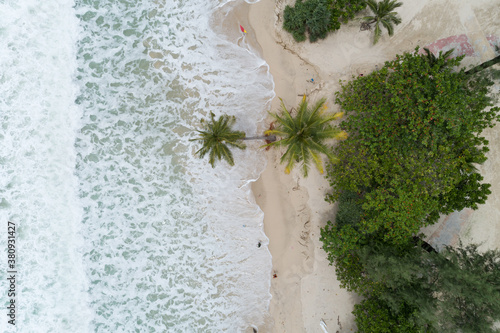 Aerial view Drone camera top view of Tropical sandy beach at Patong beach Phuket Thailand.