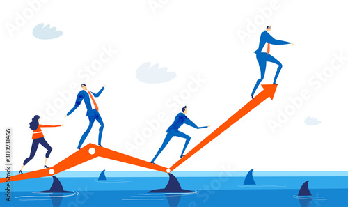 Successful business people running on top of sharks in the danger sea water. Financial risk, economy crisis concept illustration
